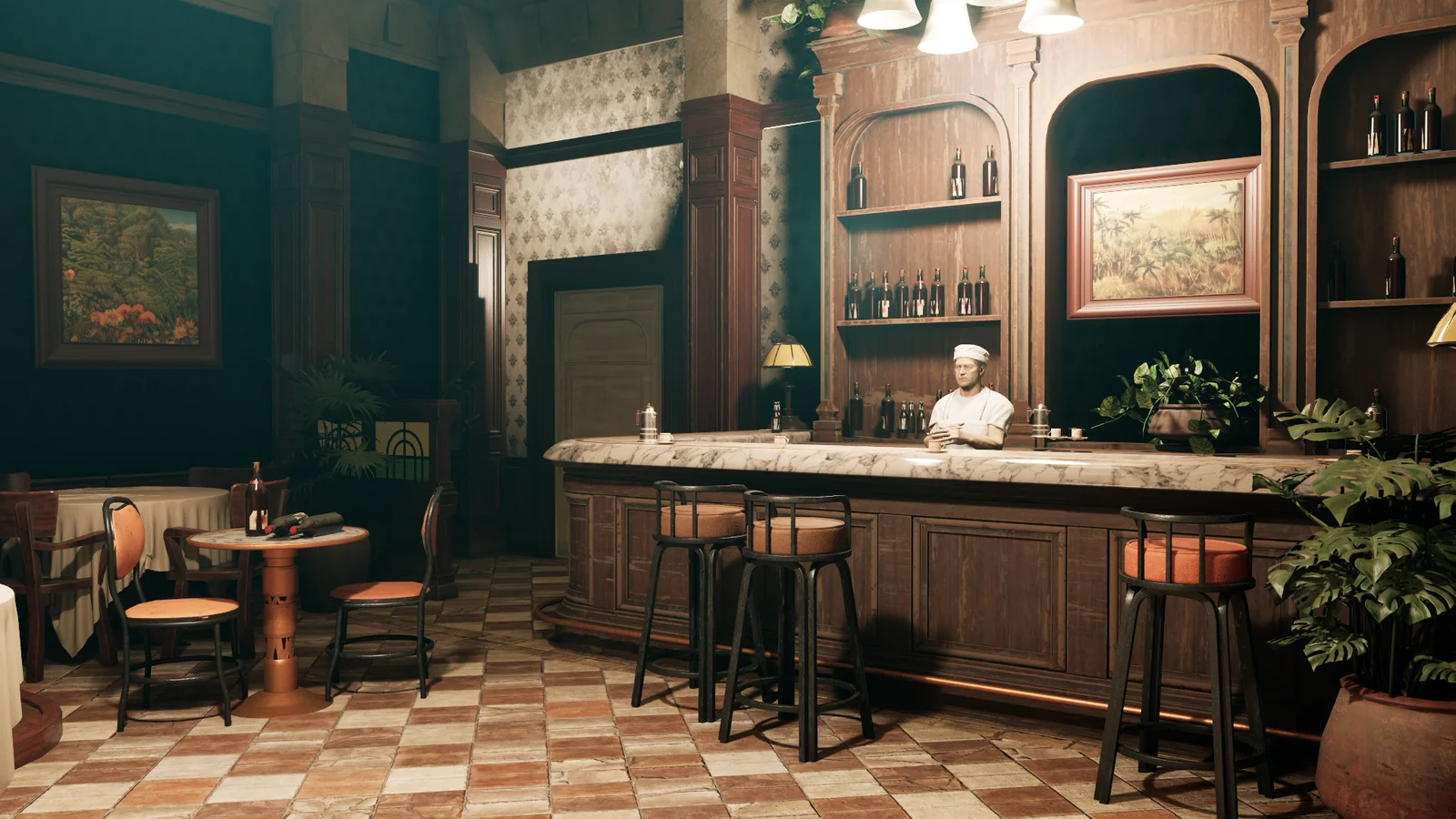 The warmly lit Yellow Parrot restaurant in PAPER MOON
