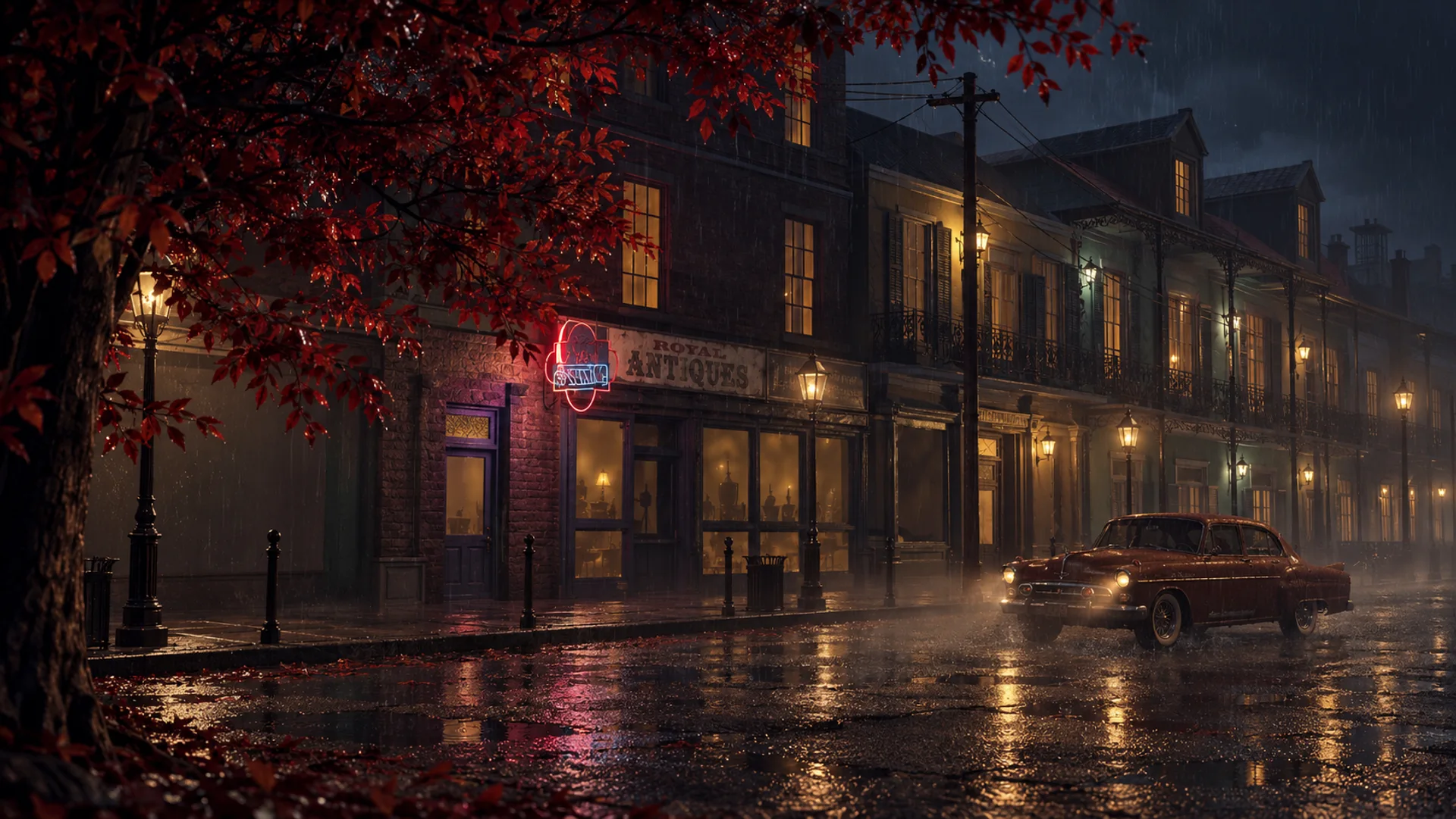 A rain-soaked street, warm windows and an old car after dark — PAPER MOON promotional artwork